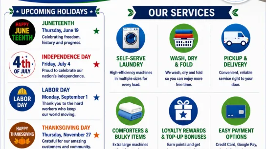 Soapbox Global Laundry: Grove City’s Clean, Air Conditioned Laundromat for Self Service, Wash Dry Fold & Pickup Delivery