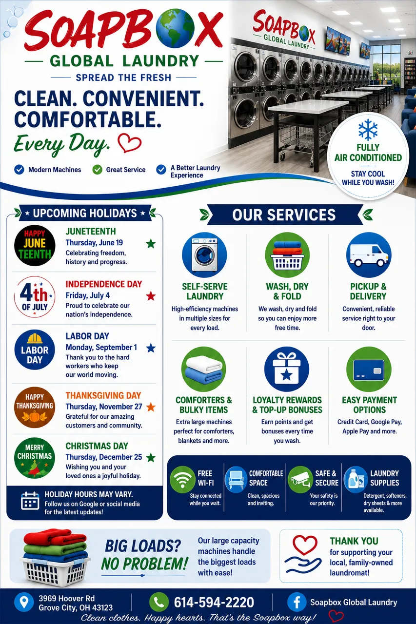 Soapbox Global Laundry: Grove City’s Clean, Air Conditioned Laundromat for Self Service, Wash Dry Fold & Pickup Delivery